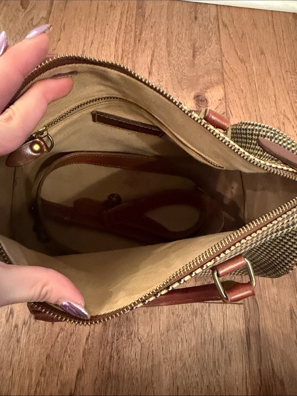 Vintage Polo Ralph Lauren Mini Boston Brown Houndstooth Satchel with Tan Accents - Picture 6 of 7